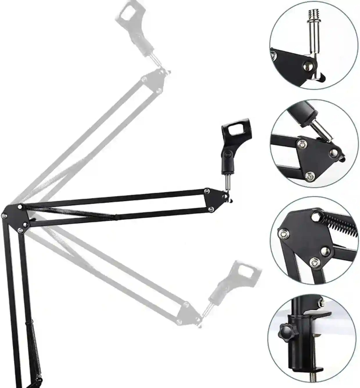 Black adjustable camera boom arm with close-up details on a white background
