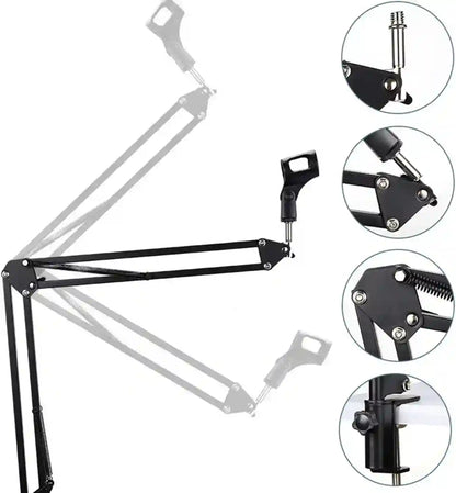 Black adjustable camera boom arm with close-up details on a white background