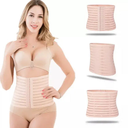 Woman wearing a beige compression garment with additional views of the product on a white background.