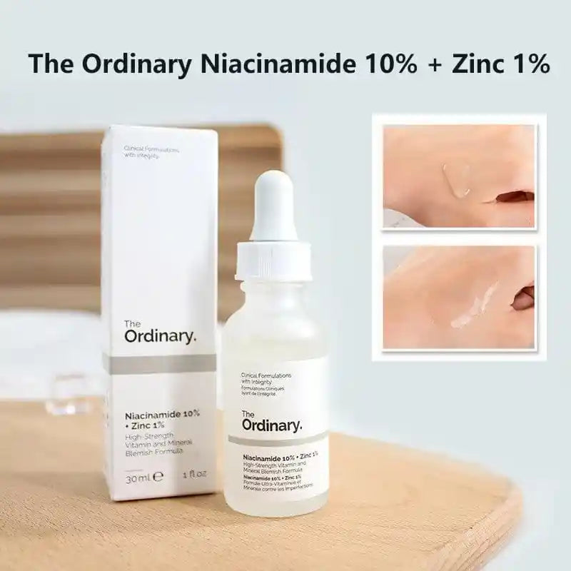 The Ordinary Niacinamide 10% + Zinc 1% skincare product with packaging on a wooden surface.
