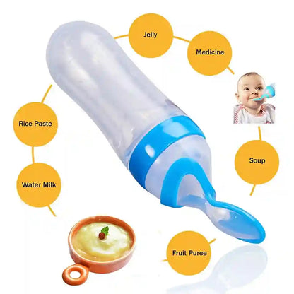 Baby feeding spoon with blue handle and clear shaft, surrounded by text labels on a white background.