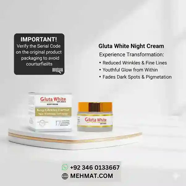 Gluta White Night Cream packaging with product details on a white background