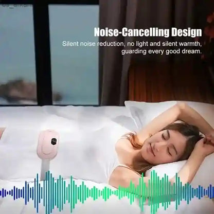 Woman sleeping with a noise-cancelling device, text about noise reduction and warmth.
