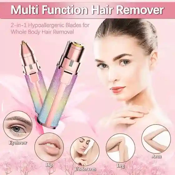 Multi-function hair remover with a woman and body parts illustration on a pink background