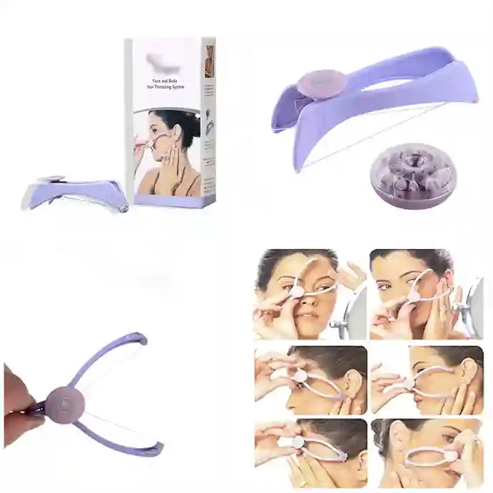 Facial hair removal device with packaging and usage instructions on a white background