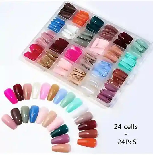 Set of nail extensions in various colors with a clear display case.