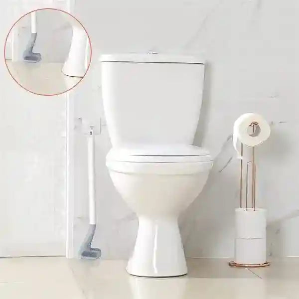 White toilet with a close-up of a small gray object on a white background