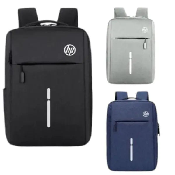 Three HP backpacks in black, gray, and blue on a white background