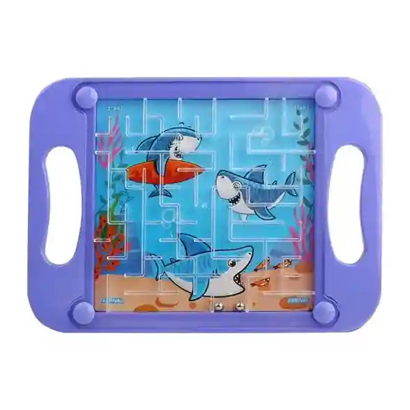 Shark-themed puzzle with magnetic pieces on a purple board