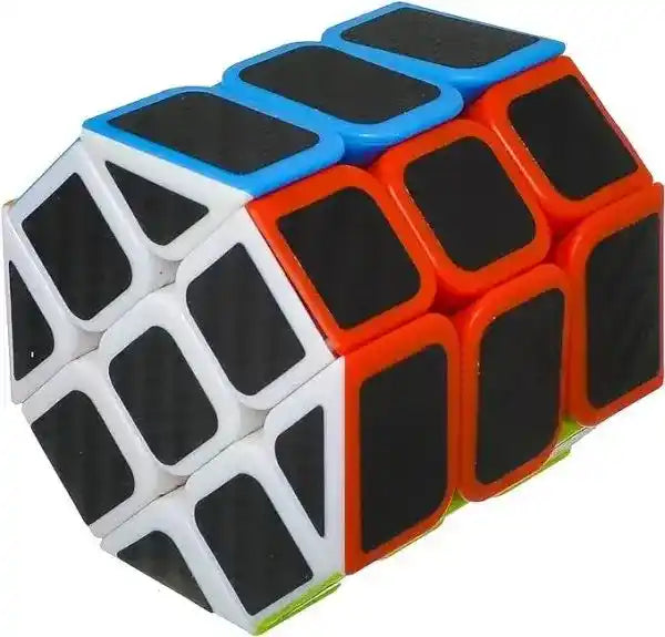 Dodecahedron puzzle with black, blue, red, and white faces on a white background