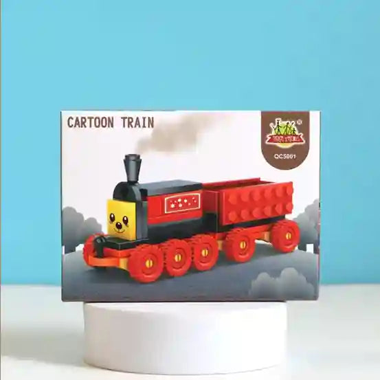 Toy train set against a blue background with a cartoon design