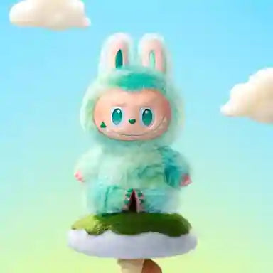 Toy figure with rabbit ears and green outfit on a gradient background