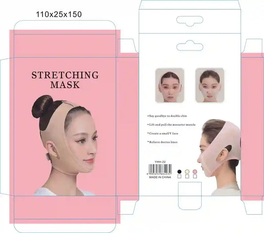 Packaging of a stretching mask with a pink background and images of a woman wearing the mask.
