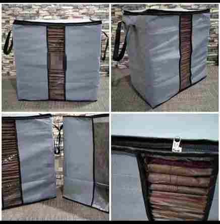 Collage of a storage bag with a woven basket inside, shown from different angles.