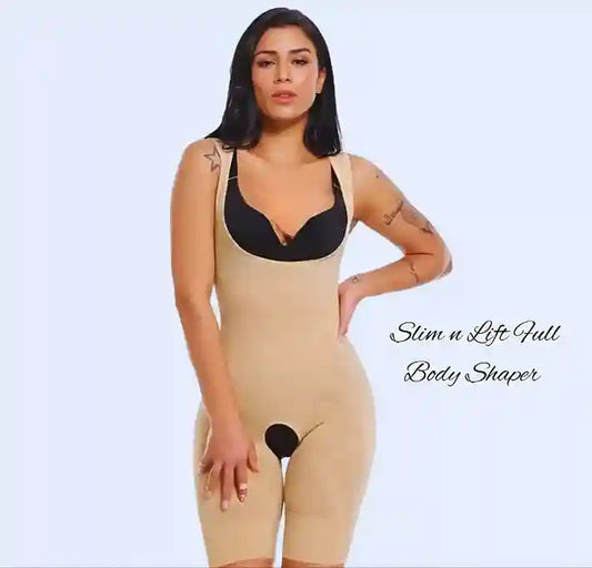 Woman wearing a beige body shaper with text 'Slim n Lift Pull Body Shaper' on a light blue background