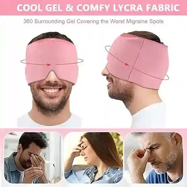 Pink migraine relief mask with text about cool gel and comfy lycra fabric, used by a man and shown on various people.