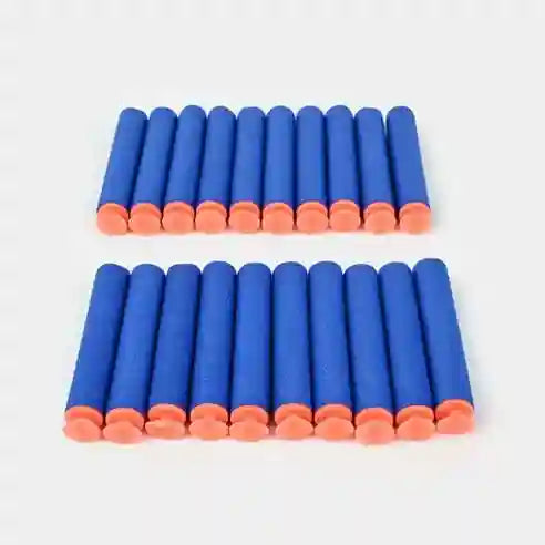 Two rows of blue and orange foam darts on a white background