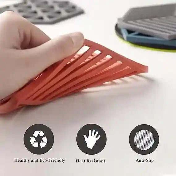 Red silicone mat with features labeled 'Healthy and Eco-Friendly', 'Heat Resistant', and 'Anti-Slip' on a white background.