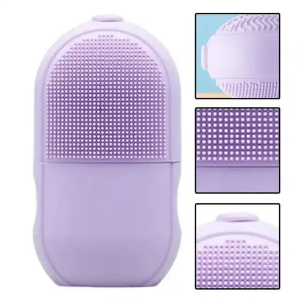 Purple silicone scrubber with textured surface on a white background