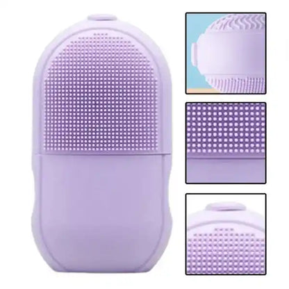 Purple silicone scrubber with textured surface on a white background