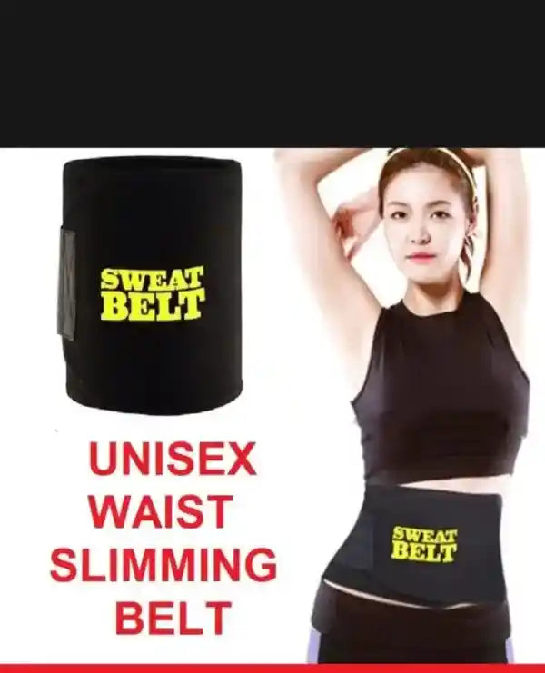 Black waist slimming belt with 'Sweat Belt' text, worn by a person, on a white background.