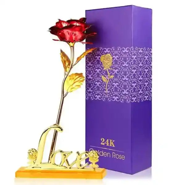 Red rose with gold stand and packaging labeled '24K Golden Rose' on a white background