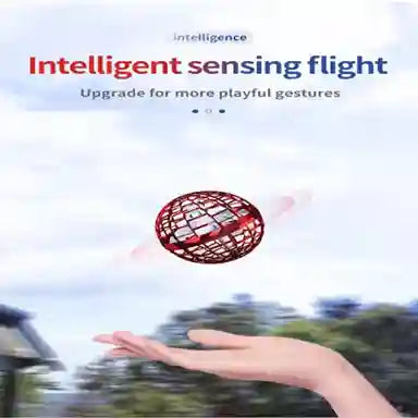 Red spherical object with text 'Intelligent sensing flight' and 'Upgrade for more playful gestures' against a blurred outdoor background.