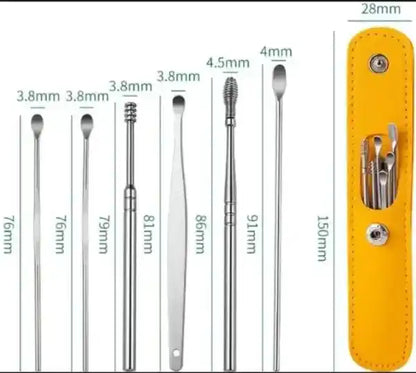 Set of metal tools with measurements and a yellow case on a white background