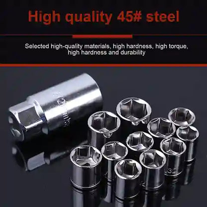 Set of metal sockets with a tool holder on a dark background, highlighting high-quality 45# steel material.
