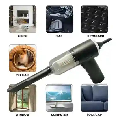 Multifunctional cleaning tool with various attachments for home, car, keyboard, pet hair, window, computer, and sofa gap cleaning.