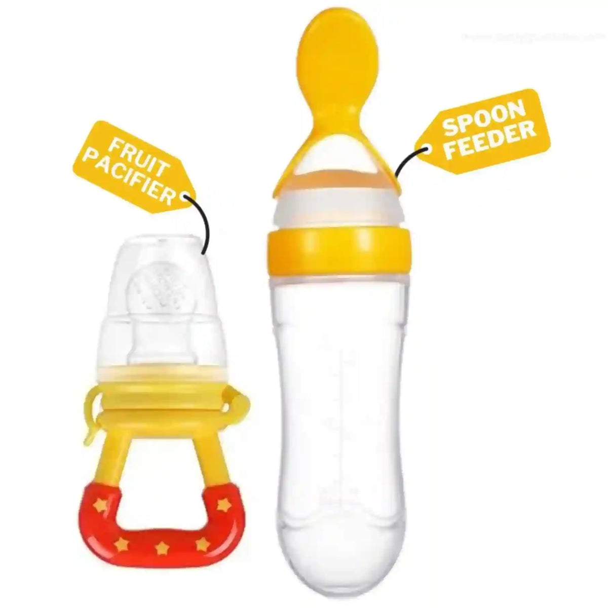 Two baby feeding tools: a fruit pacifier and a spoon feeder, on a white background.
