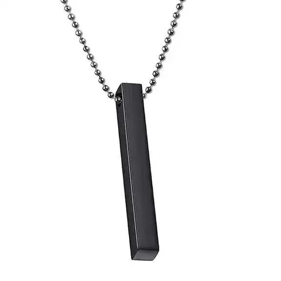 Black rectangular pendant on a chain against a white background