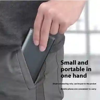 Hand holding a small device with text indicating it's small and portable.