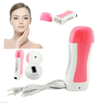Pink and white hair removal device with a woman's face inset.