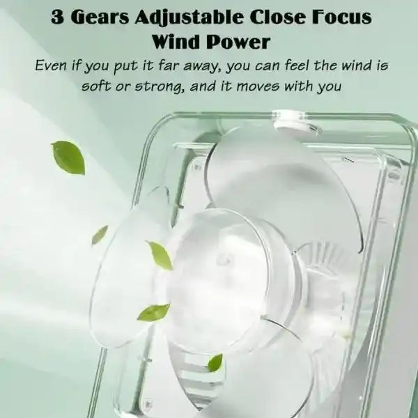 Ventilation fan with text highlighting adjustable close focus wind power