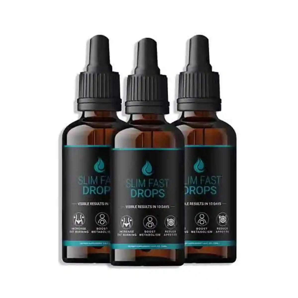 Three bottles of Slim Fast Drops on a white background