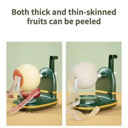 Two images showing a fruit peeler with an apple being peeled on a light green background.
