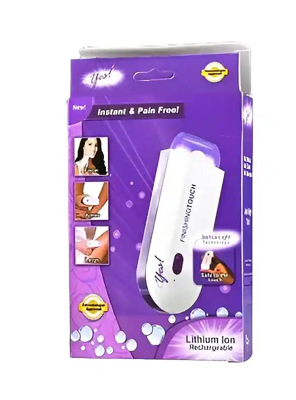Purple packaging of a hair removal device with white accents on a white background