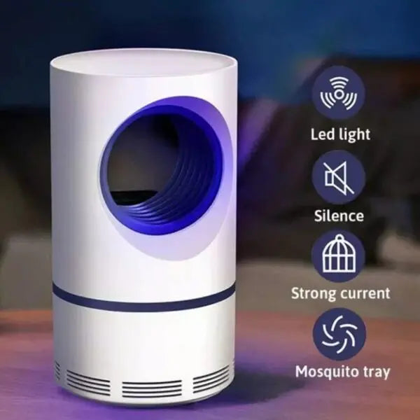 White and blue mosquito repellent device with features listed on a dark background