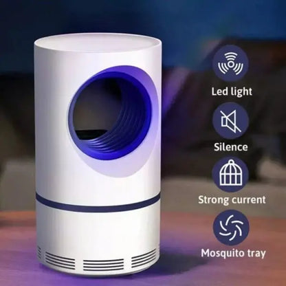 White and blue mosquito repellent device with features listed on a dark background