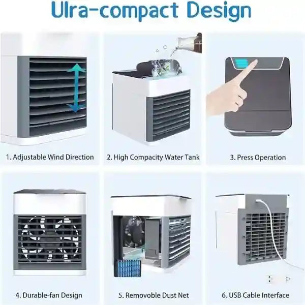Diagram of an ultra-compact design with features like adjustable wind direction, high capacity water tank, press operation, durable fan design, removable dust net, and USB cable interface.