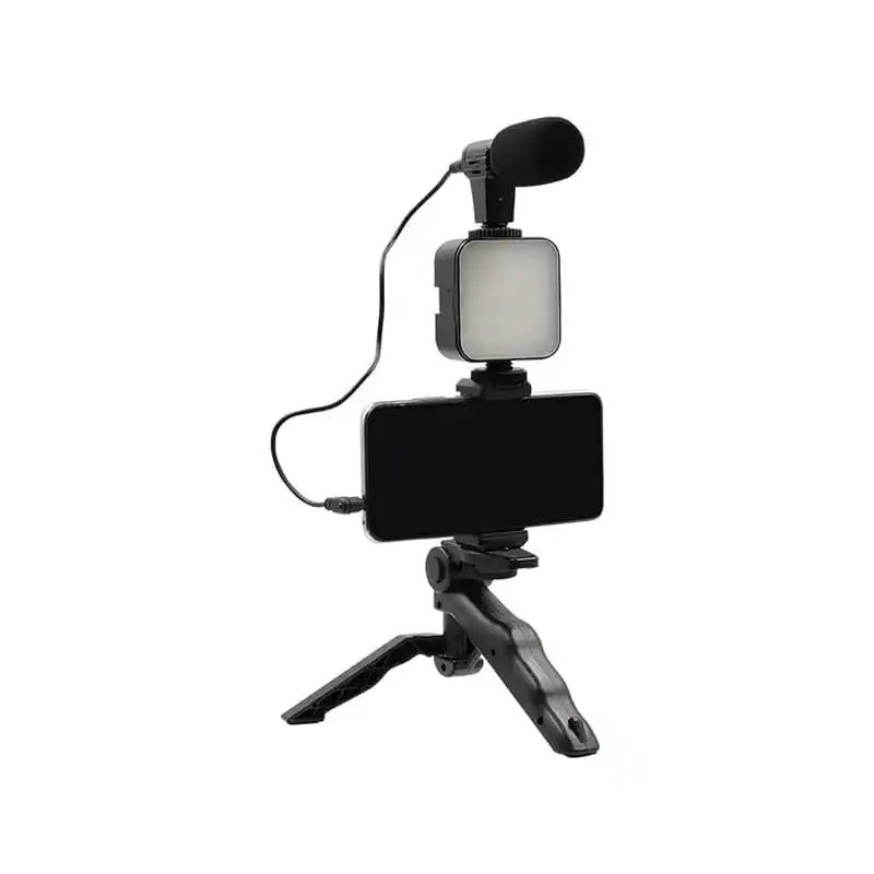 Phone holder with microphone and light on a white background