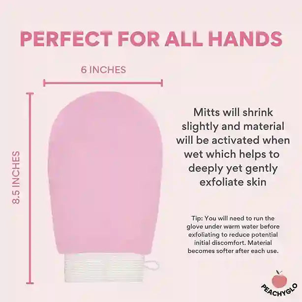Pink exfoliating glove with measurements and text on a light pink background