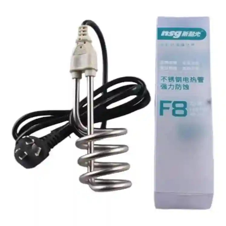 Stainless steel electric heating element with packaging on a white background