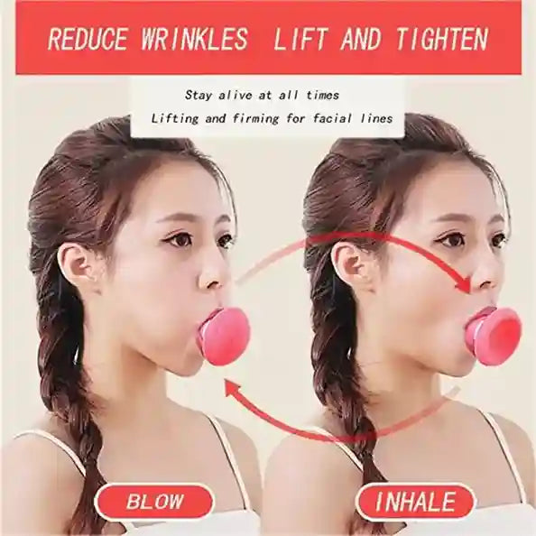 Product advertisement showing a woman using a device to reduce wrinkles, lift, and tighten skin.