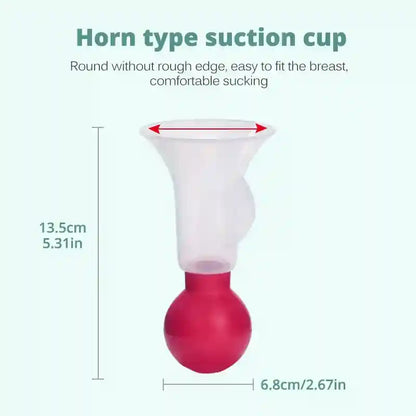 Horn type suction cup with measurements on a light green background