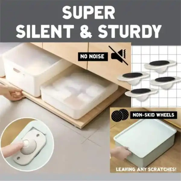 White storage bin with wheels on a tiled floor, labeled 'Super Silent & Sturdy' and 'No Noise'.