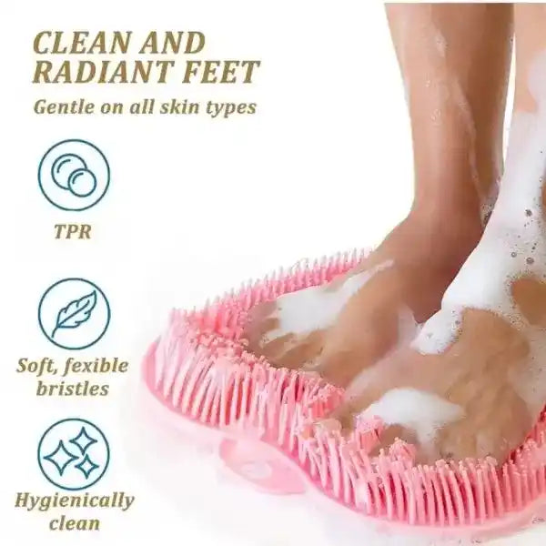 Person using a pink foot scrubber with soapy feet, text about product benefits.