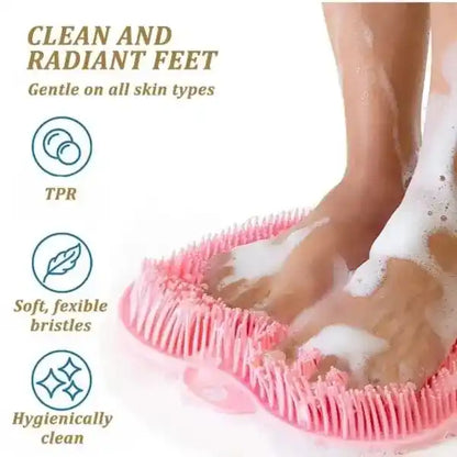 Person using a pink foot scrubber with soapy feet, text about product benefits.