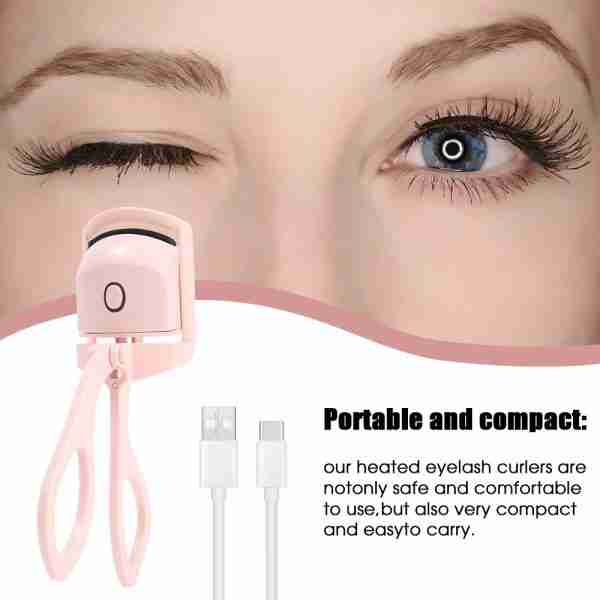 Heated eyelash curler with close-up of eyes and text about portability and safety.